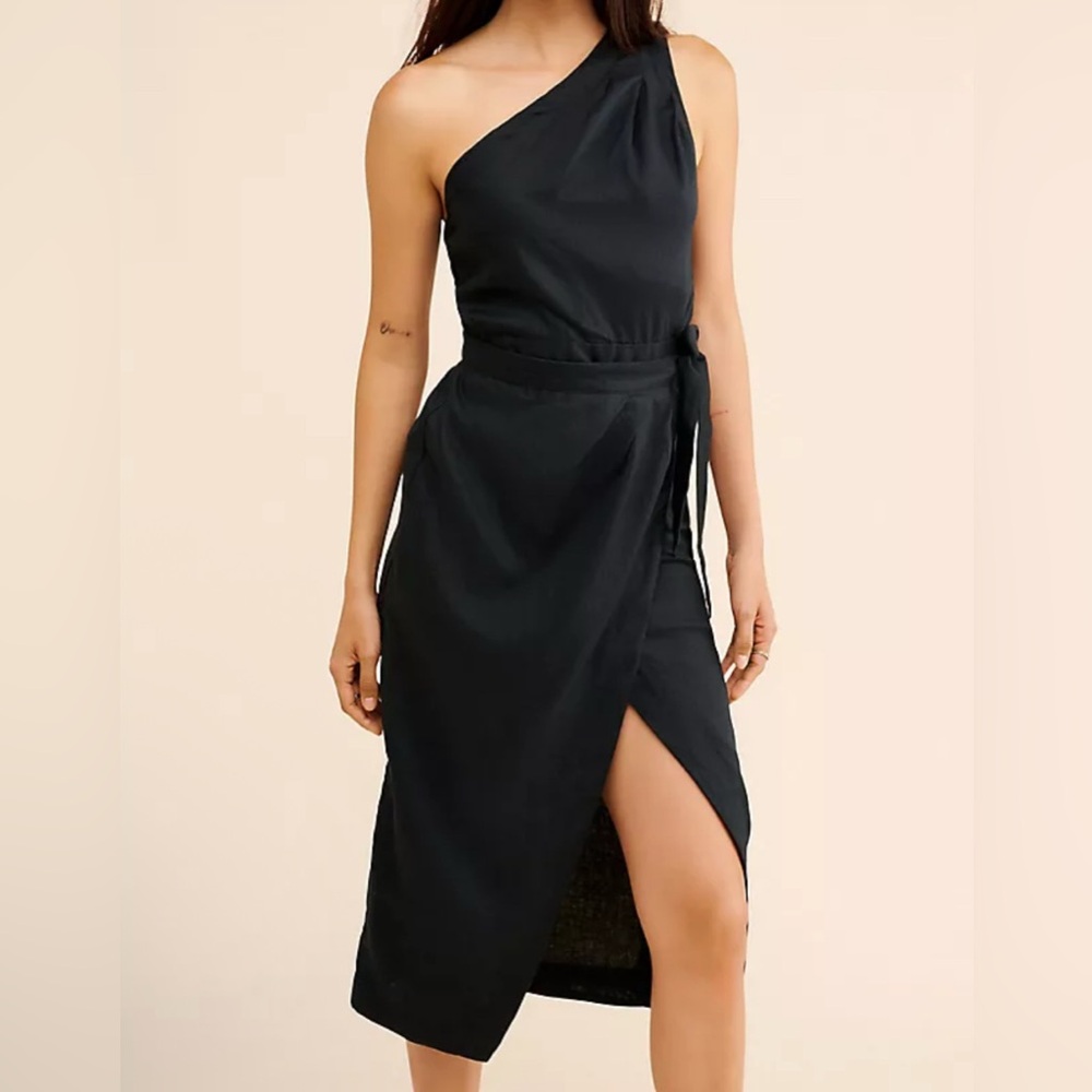 Anthropologie linen Black One-Shoulder Dress size 4